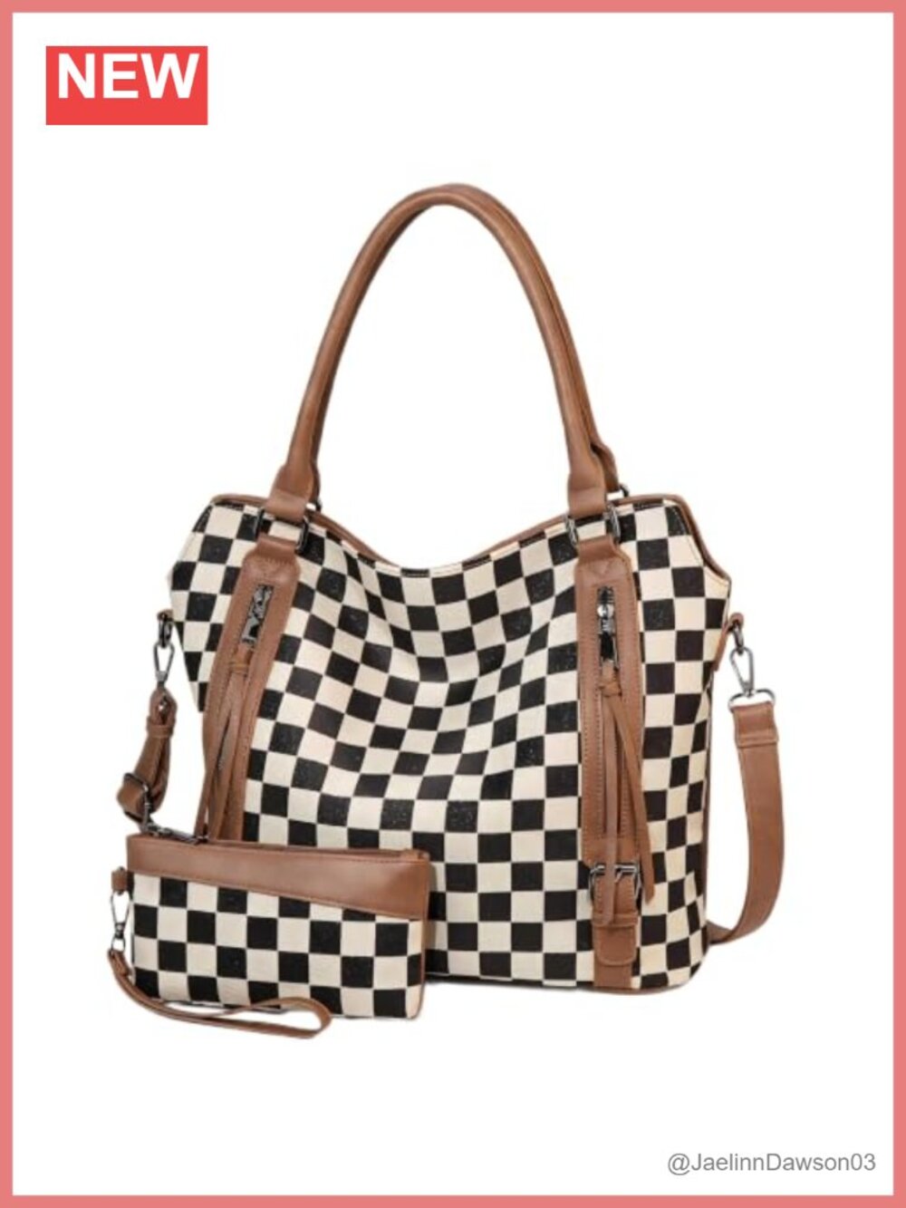 Vegan Leather Checkered Tote Wallet Set Shoulder Handbag Adjustable Strap